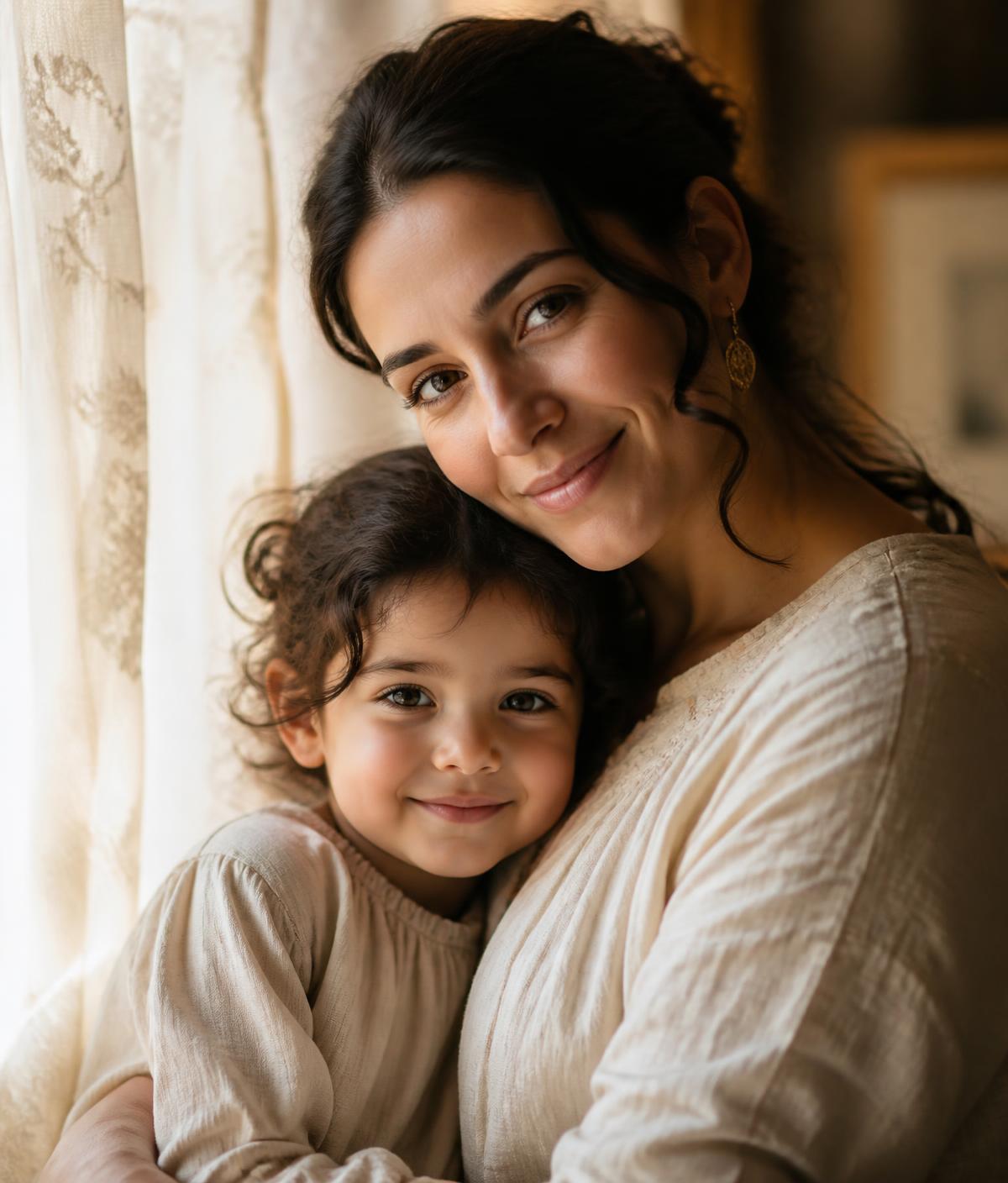 A mother holding her young child in soft window light